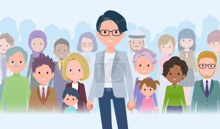 Illustration for A set of Programmer engineer man standing in front of a large number of people.It's vector art so easy to edit. - Royalty Free Image