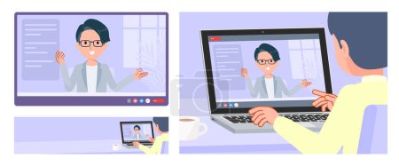 Illustration for A set of Programmer engineer man having a video chat. It's vector art so easy to edit. - Royalty Free Image