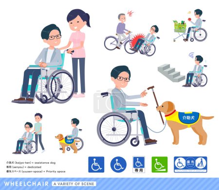 Illustration for A set of Programmer engineer man in a wheelchair.It depicts various situations of wheelchair users. - Royalty Free Image