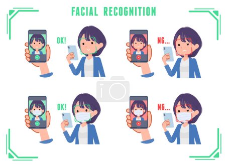 Illustration for A set of Public relations women doing facial recognition on their phones.It's vector art so easy to edit. - Royalty Free Image