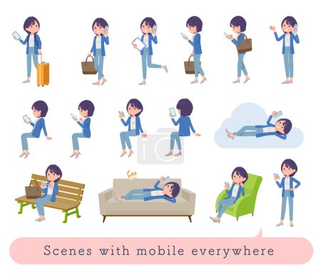Illustration for A set of Public relations women who uses a smartphone in various scenes.It's vector art so easy to edit. - Royalty Free Image
