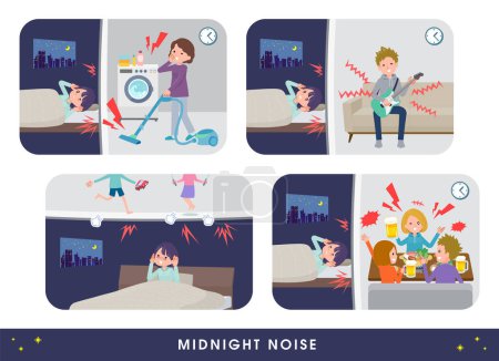 Illustration for A set of Public relations women suffering from the noise of their neighbors.It's vector art so easy to edit. - Royalty Free Image