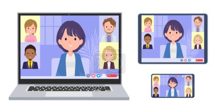 Illustration for A set of Public relations women having an online meeting. A set of laptop, tablet and smartphone.It's vector art so easy to edit. - Royalty Free Image