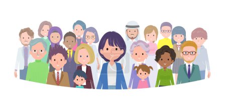 Illustration for A set of Public relations women standing in front of a large number of people.It's vector art so easy to edit. - Royalty Free Image