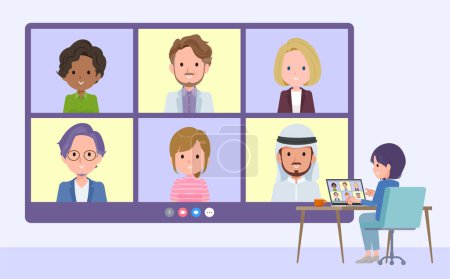 Illustration for A set of Public relations women having a video chat with multiple people.It's vector art so easy to edit. - Royalty Free Image