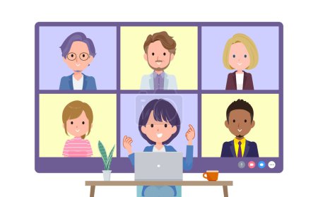 Illustration for A set of Public relations women having an online meeting with multiple people. Front angle.It's vector art so easy to edit. - Royalty Free Image