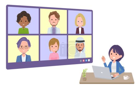 Illustration for A set of Public relations women having an online meeting with multiple people. perspective angle.It's vector art so easy to edit. - Royalty Free Image