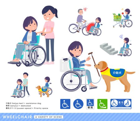 Ilustración de Conjunto de mujeres de relaciones públicas en silla de ruedas que describe diversas situaciones de los usuarios de sillas de ruedas. - Imagen libre de derechos