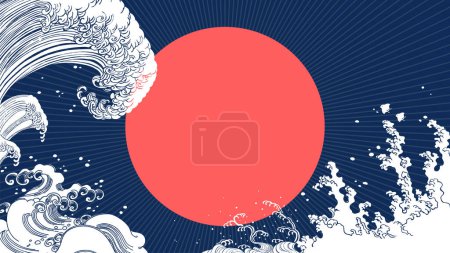 Téléchargez les illustrations : Bleu marine style japonais design mer tempête fond. Données Hinomaru.Vector faciles à modifier. - en licence libre de droit