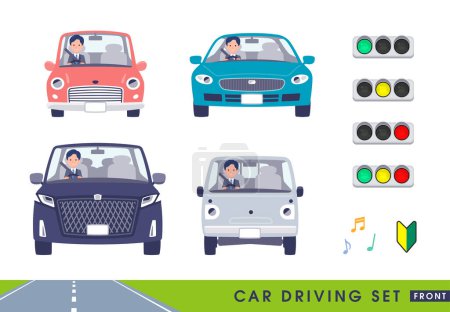 Illustration for A set of consultant job man driving a car(front).It's vector art so easy to edit. - Royalty Free Image