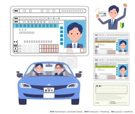 Illustration for A set of consultant job man who get a driver's license.It's vector art so easy to edit. - Royalty Free Image