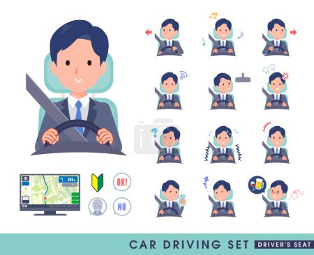 Illustration for A set of consultant job man driving a car(driving seat).It's vector art so easy to edit. - Royalty Free Image