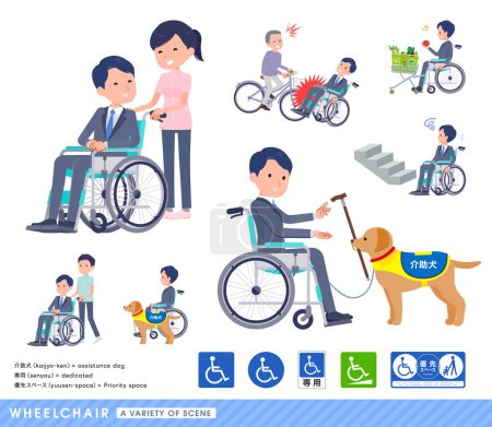 Ilustración de Un conjunto de asesores de trabajo en silla de ruedas que describe varias situaciones de los usuarios de sillas de ruedas. - Imagen libre de derechos