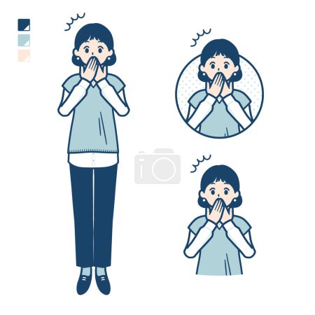 Illustration for A woman wearing a knit vest with surprised images.It's vector art so it's easy to edit. - Royalty Free Image