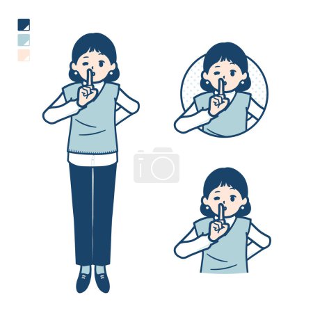 Téléchargez les illustrations : Une femme portant un gilet en tricot avec des images de signe de main tranquilles. C'est de l'art vectoriel donc il est facile à éditer. - en licence libre de droit