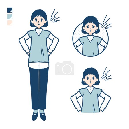 Téléchargez les illustrations : Une femme portant un gilet en tricot avec des images de colère.C'est de l'art vectoriel donc c'est facile à éditer. - en licence libre de droit