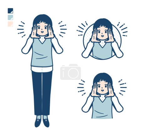 Illustration for A woman wearing a knit vest with Calling out loud images.It's vector art so it's easy to edit. - Royalty Free Image