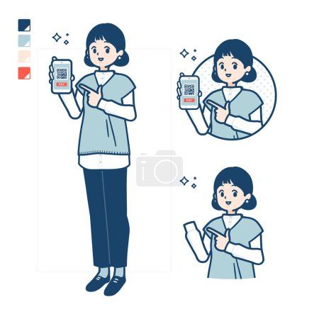 Illustration for A woman wearing a knit vest with cashless payment on smartphone images.It's vector art so it's easy to edit. - Royalty Free Image
