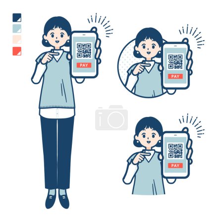 Ilustración de Una mujer que usa un chaleco de punto con pago sin efectivo en imágenes de teléfonos inteligentes.Es arte vectorial por lo que es fácil de editar. - Imagen libre de derechos