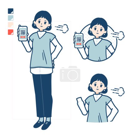 Téléchargez les illustrations : Une femme portant un gilet tricoté avec paiement sans espèces sur smartphone Images perturbées.C'est de l'art vectoriel donc il est facile à éditer. - en licence libre de droit