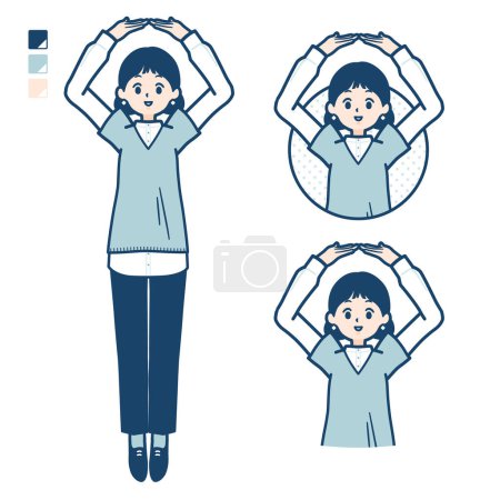 Téléchargez les illustrations : Une femme portant un gilet tricoté avec Faire un cercle avec des images de bras. C'est de l'art vectoriel donc il est facile à éditer. - en licence libre de droit