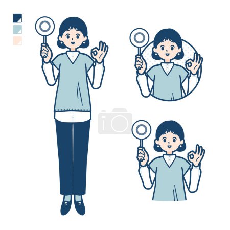 Illustration for A woman wearing a knit vest with Put out a circle panel images.It's vector art so it's easy to edit. - Royalty Free Image