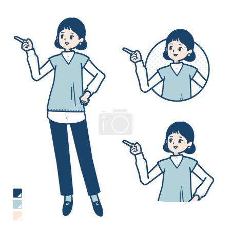 Ilustración de Una mujer que lleva un chaleco de punto con Explicación Señala imágenes. Es arte vectorial, por lo que es fácil de editar. - Imagen libre de derechos