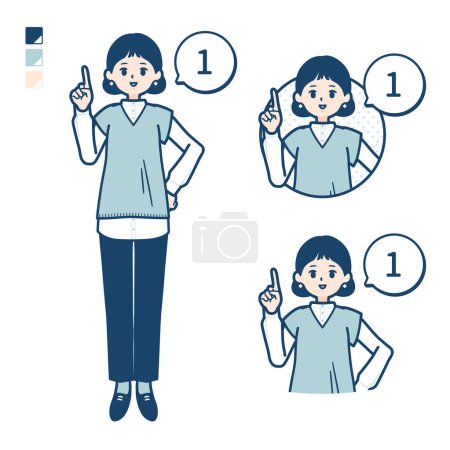 Téléchargez les illustrations : Une femme portant un gilet tricoté avec comptage comme 1 images.C'est de l'art vectoriel donc il est facile à éditer. - en licence libre de droit