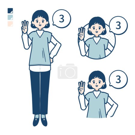 Téléchargez les illustrations : Une femme portant un gilet tricoté avec comptage comme 3 images.C'est de l'art vectoriel donc il est facile à éditer. - en licence libre de droit