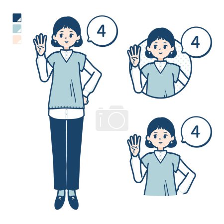Téléchargez les illustrations : Une femme portant un gilet tricoté avec comptage comme 4 images.C'est de l'art vectoriel donc il est facile à éditer. - en licence libre de droit