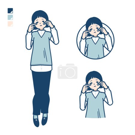 Illustration for A woman wearing a knit vest with cry images.It's vector art so it's easy to edit. - Royalty Free Image