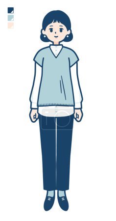 Téléchargez les illustrations : Une femme portant un gilet en tricot avec une image pleine longueur.C'est de l'art vectoriel donc il est facile à éditer. - en licence libre de droit
