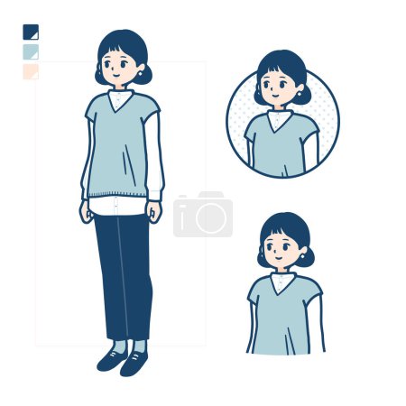 Téléchargez les illustrations : Une femme portant un gilet tricoté avec des images latérales.C'est de l'art vectoriel donc il est facile à éditer. - en licence libre de droit