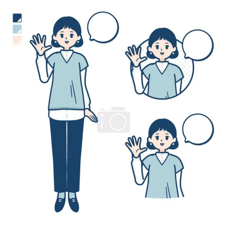Téléchargez les illustrations : Une femme portant un gilet en tricot avec des images de salutation. C'est de l'art vectoriel donc c'est facile à éditer.. - en licence libre de droit