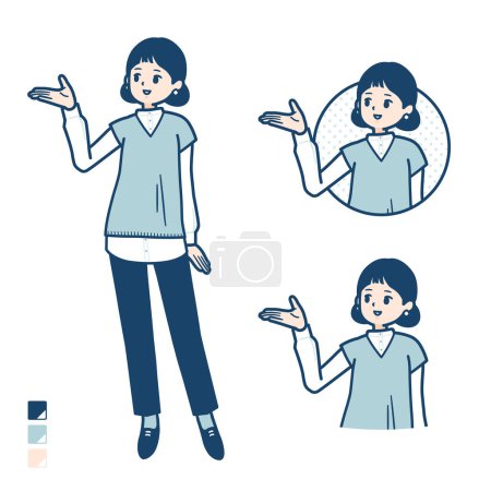 Téléchargez les illustrations : Une femme portant un gilet en tricot avec des images explicatives. C'est de l'art vectoriel, donc c'est facile à éditer.. - en licence libre de droit