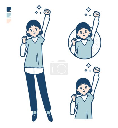 Illustration for A woman wearing a knit vest with fist pump images.It's vector art so it's easy to edit. - Royalty Free Image