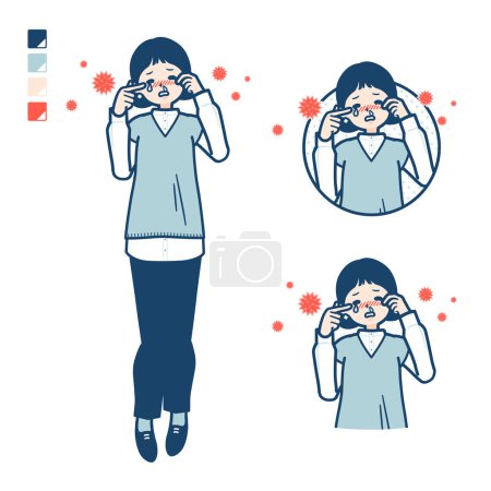 Illustration for A woman wearing a knit vest with Suffer from pollen allergy images.It's vector art so it's easy to edit. - Royalty Free Image