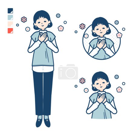 Téléchargez les illustrations : Une femme portant un gilet tricoté avec des images de repos. C'est de l'art vectoriel donc il est facile à éditer.. - en licence libre de droit
