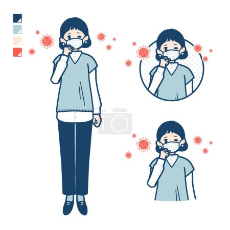 Illustration for A woman wearing a knit vest with Put on a mask and cough images.It's vector art so it's easy to edit. - Royalty Free Image