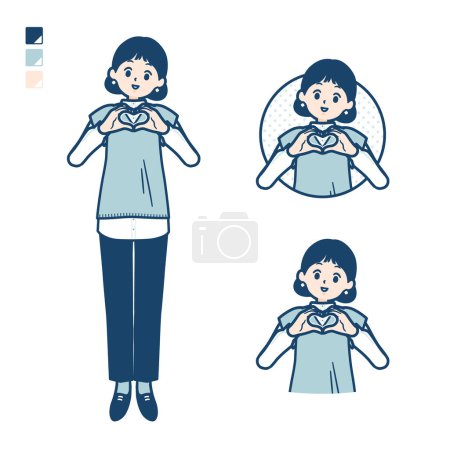 Téléchargez les illustrations : Une femme portant un gilet tricoté avec la fabrication d'un symbole de coeur à la main images.It 's art vectoriel de sorte qu'il est facile d'éditer. - en licence libre de droit