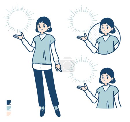 Téléchargez les illustrations : Une femme portant un gilet en tricot avec des images de manipulation de la lumière.C'est de l'art vectoriel donc il est facile à éditer. - en licence libre de droit