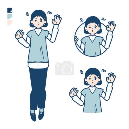 Téléchargez les illustrations : Une femme portant un gilet tricoté avec des images de panique.C'est de l'art vectoriel donc il est facile à éditer. - en licence libre de droit