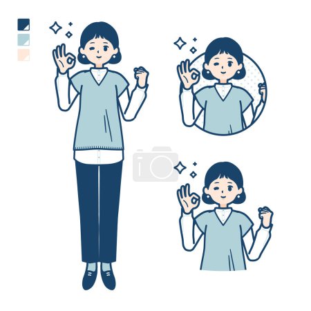 Téléchargez les illustrations : Une femme portant un gilet en tricot avec des images de signe OK. C'est de l'art vectoriel donc c'est facile à éditer.. - en licence libre de droit