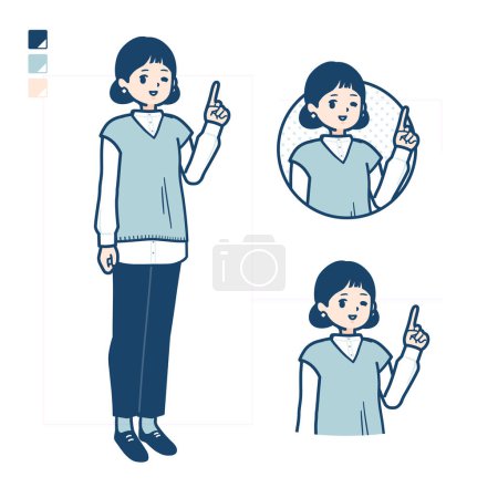 Illustration for A woman wearing a knit vest with pointing hand sign images.It's vector art so it's easy to edit. - Royalty Free Image