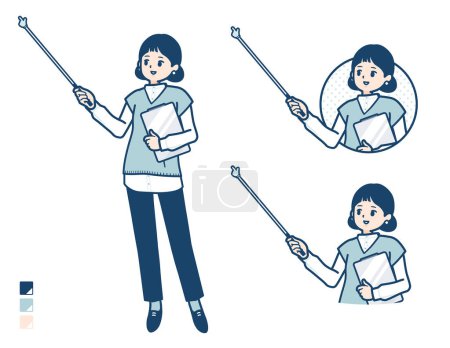 Téléchargez les illustrations : Une femme portant un gilet tricoté avec une explication avec des images de bâton de pointage. C'est de l'art vectoriel donc il est facile à éditer. - en licence libre de droit