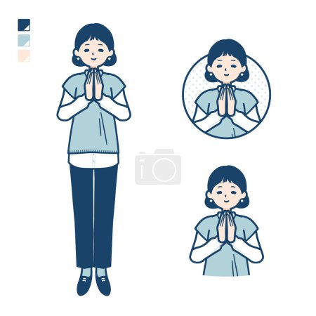 Téléchargez les illustrations : Une femme portant un gilet tricoté avec des mains de presse dans les images de prière.C'est de l'art vectoriel donc il est facile à éditer. - en licence libre de droit
