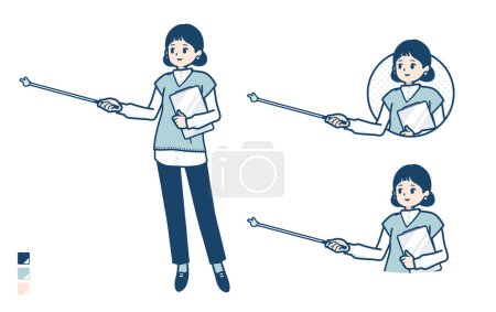 Illustration for A woman wearing a knit vest with Explanation with a pointing stick images.It's vector art so it's easy to edit. - Royalty Free Image