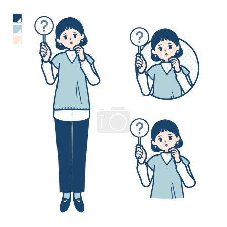 Téléchargez les illustrations : Une femme portant un gilet en tricot avec des images de panneau de question.C'est de l'art vectoriel donc c'est facile à éditer. - en licence libre de droit