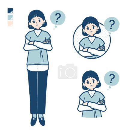 Illustration for A woman wearing a knit vest with Question images.It's vector art so it's easy to edit. - Royalty Free Image