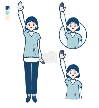 Illustration for A woman wearing a knit vest with raise hand images.It's vector art so it's easy to edit. - Royalty Free Image